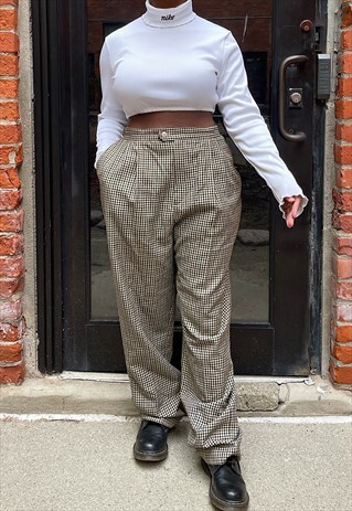 VINTAGE 80S HI-RISE TAN GINGHAM TROUSERS (L)