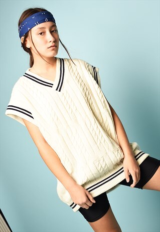 80'S RETRO CRICKET KNIT OVERSIZED JUMPER GILET TOP