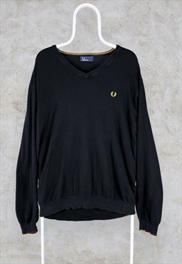 Fred Perry Black V-Neck Jumper Tipped Cotton Men's XL