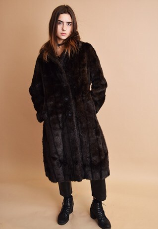 VINTAGE 70'S RETRO OVERSIZED FAUX FUR BROWN MIDI COAT