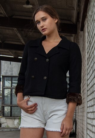 VINTAGE RETRO BLACK CROP FAUX FUR WINTER JACKET