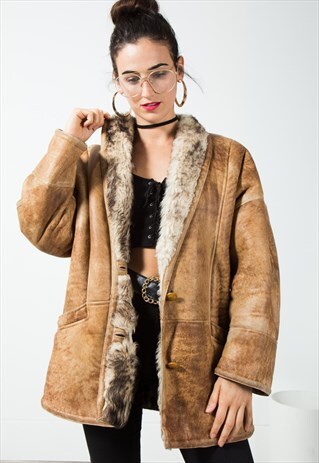 VINTAGE 80S LEATHER SHEARLING COAT / S111