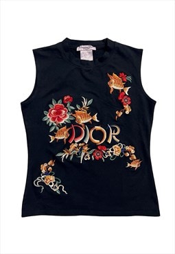 Christian Dior Vest Top Black Logo Embroidered Vintage Small