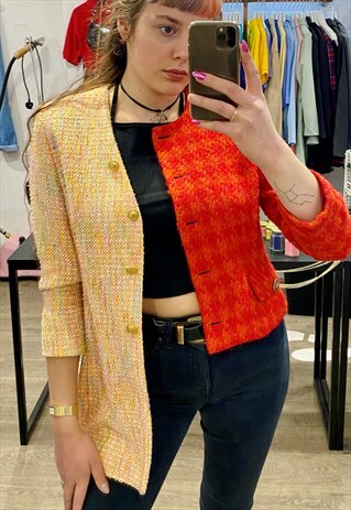 VINTAGE REWORKED BLAZER ASYMMETRICAL IN HALF HALF ORANGE RED