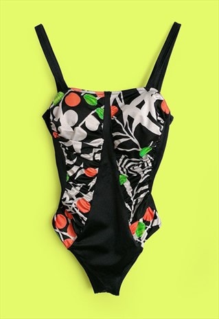 Vintage 90's Retro Swimsuit Floral Print Black Green