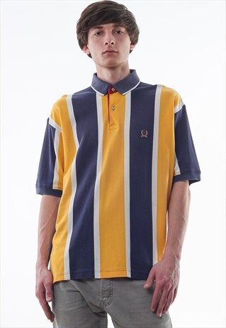 VINTAGE TOMMY HILFIGER 90S YELLOW BLUE STRIPED SHORT SLEEVE