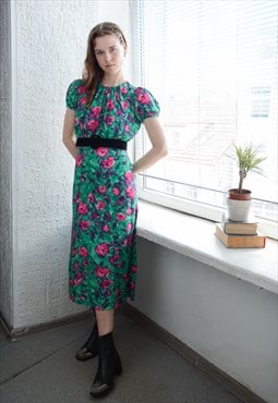 Vintage 60's Green/Pink Floral Print Puff Sleeved Midi Dress