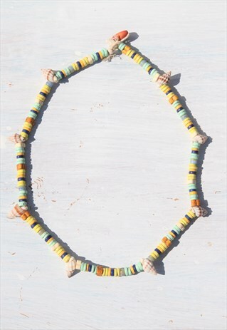 HANDMADE 90S SHELLS/WOOD/CERAMIC BEADED CORD NECKLACE.