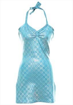 Vintage Blue Sparkly Y2K Halterneck Dress - M