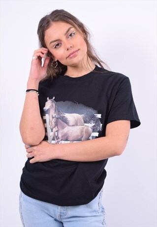 VINTAGE HORSES T-SHIRT TOP LOOSE FIT BLACK