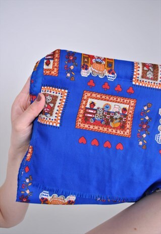 VINTAGE BLUE SCARF, CUTE ANIMALS PRINT WOMEN WRAP