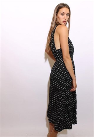 VINTAGE 80S PLUNGING MAXI DRESS JUMPER BLACK PRINTED S-M