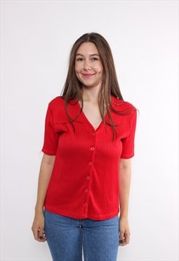 90s minimalist textured blouse in red, vintage v-neck blouse