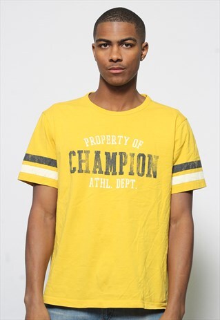 VINTAGE CHAMPION SPELL OUT LOGO T-SHIRT YELLOW