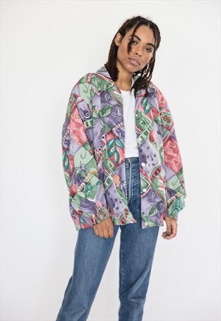 VINTAGE 90S PURPLE AND GREEN PASTEL PRINT BOMBER JACKET