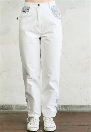 VINTAGE 80S WHITE FLORAL PRINT MOM JEANS