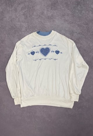 VINTAGE SWEATSHIRT EMBROIDERED HEART CUTE PATTERNED JUMPER