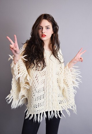 70'S RETRO BOHO CABLE KNITTED ARAN WOOL JUMPER POCHO