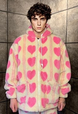 Pink heart fleece jacket handmade detachable puffer in cream