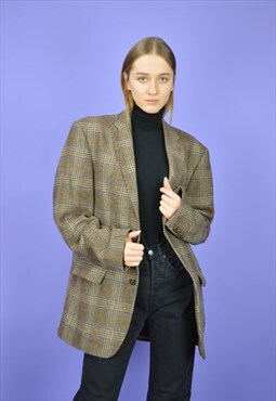 Vintage brown checkered classic 80's wool suit blazer