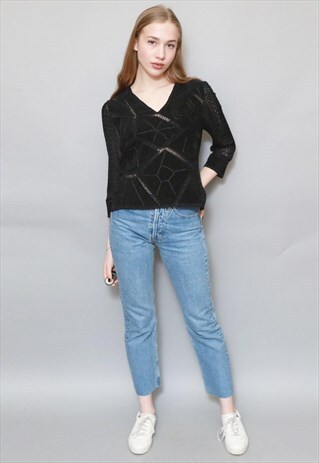 VINTAGE 1970'S BLACK SUEDE CROCHET PATCHWORK KNIT TOP