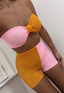 Sweetie Set Bandeau & Shorts in Orange & Pink Crinkle
