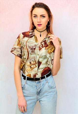 1990S VINTAGE GOLDEN BROWN EXPLORER PRINT PURE SILK BLOUSE