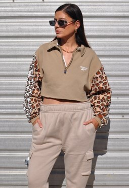 90's vintage reworked Reebok 1/4 zip leopard crop sweatshirt