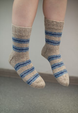 BROWN STRIPED HANDMADE KNITTED WOOL SOCKS