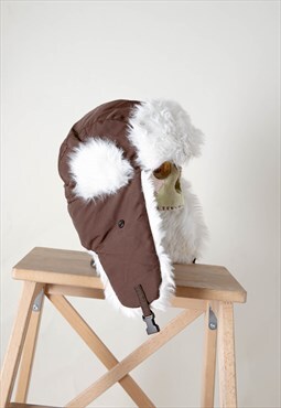 Vintage 90s Brown White Faux Fur Aviator Winter Hat Unisex