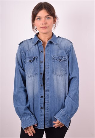 WOMENS VINTAGE DENIM SHIRT SMALL BLUE 90S