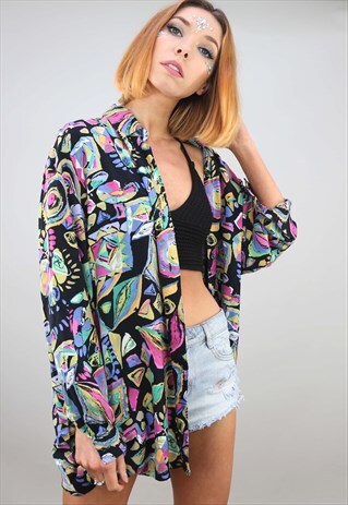 VINTAGE 80S 90S OVERSIZED LONG SLEEVE PATTERNED SHIRT