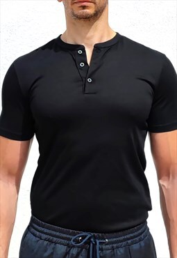 Linen men's muscle fit short sleeve black henley shirt