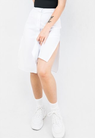 BUTTON UP WHITE SLIT MIDI SKIRT CUTS ON THE SIDES