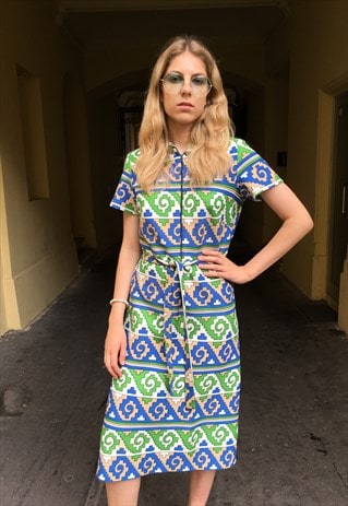VINTAGE 60' BEAUTIFUL ZIPPED DRESS WITH WAISTBAND