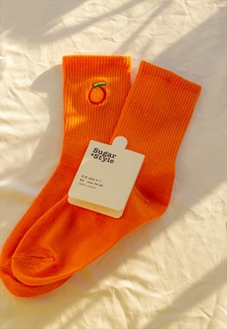 Ribbed Orange Satsuma Fruit Embroidered Socks