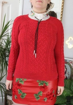 Vintage Y2K Red Cable Aran Fisherman Knit Jumper Sweater