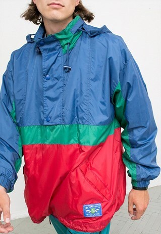 BLUE NYLON OUTDOOR HOODED WINDBREAKER QUARTER ZIP JACKET