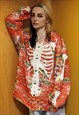 SKELETON PRINT SHIRT FLORAL GRUNGE BLOUSE PUNK BONES TOP RED