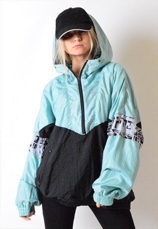 VINTAGE 90S MINT BLACK 1/2 ZIPPER SHELL JACKET WITH HOOD
