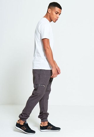 MENS ZIP DETAIL DARK GREY KNIT JOGGING BOTTOMS