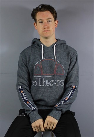 VINTAGE ELLESSE HOODIE IN GREY WITH PRINTED SPELLOUT LOGO, L