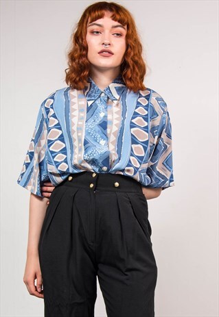 90'S VINTAGE BLUE ABSTRACT SHORT SLEEVE SHIRT