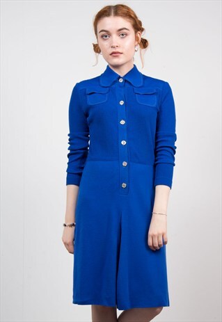 VINTAGE 70'S BRIGHT BLUE KNIT MIDI DRESS