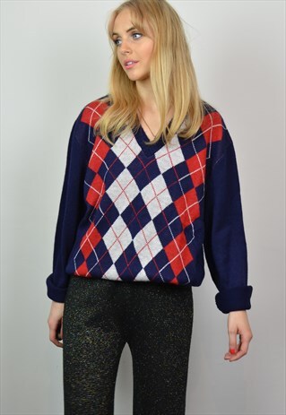 VINTAGE NAVY, WHITE & RED DIAMOND PATTERN KNITTED JUMPER