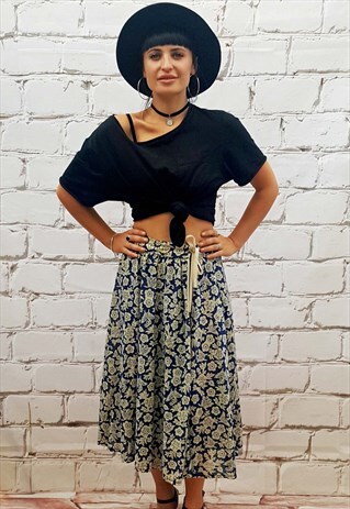VINTAGE BLUE AND CREAM PRINT WRAP SKIRT
