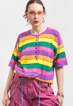 Vintage 90's knitted top in rainbow stripes henley t-shirt