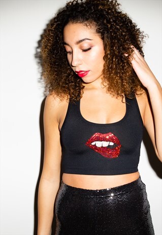 BRALETTE IN BLACK WITH MINIATURE SEQUIN LIPS MOTIF