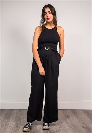 90'S VINTAGE BLACK WIDE LEG HIGH WAIST TROUSERS