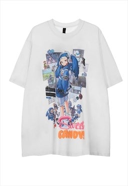 I-girl print t-shirt Y2K tee anime retro top in white